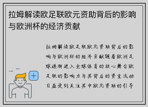 拉姆解读欧足联欧元资助背后的影响与欧洲杯的经济贡献