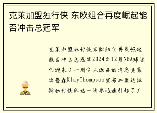 克莱加盟独行侠 东欧组合再度崛起能否冲击总冠军