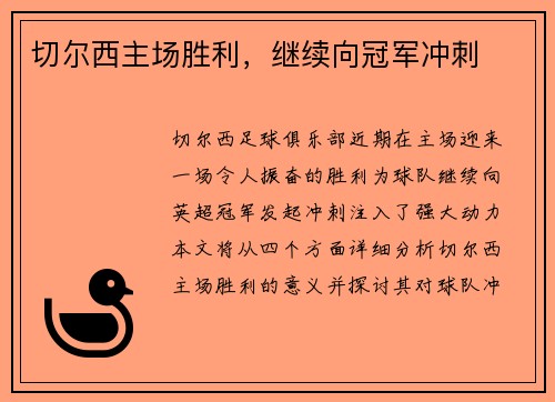 切尔西主场胜利，继续向冠军冲刺