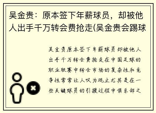 吴金贵：原本签下年薪球员，却被他人出手千万转会费抢走(吴金贵会踢球吗)