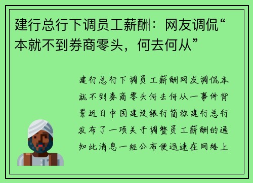 建行总行下调员工薪酬：网友调侃“本就不到券商零头，何去何从”