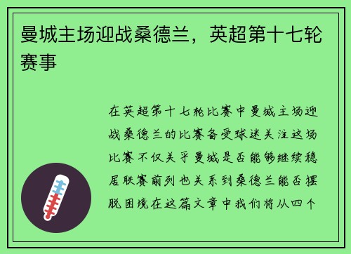 曼城主场迎战桑德兰，英超第十七轮赛事