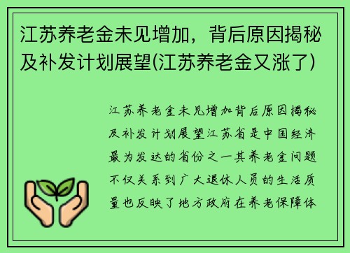 江苏养老金未见增加，背后原因揭秘及补发计划展望(江苏养老金又涨了)