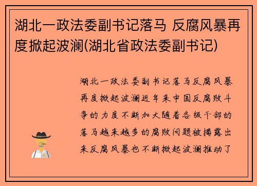 湖北一政法委副书记落马 反腐风暴再度掀起波澜(湖北省政法委副书记)
