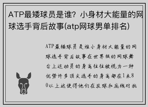 ATP最矮球员是谁？小身材大能量的网球选手背后故事(atp网球男单排名)