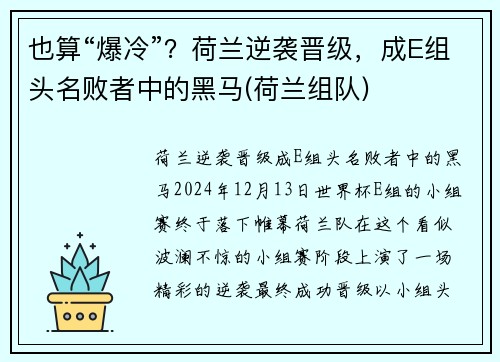 也算“爆冷”？荷兰逆袭晋级，成E组头名败者中的黑马(荷兰组队)