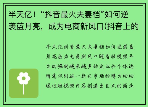 半天亿！“抖音最火夫妻档”如何逆袭蓝月亮，成为电商新风口(抖音上的蓝月可以挣钱吗)