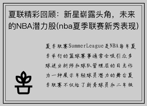 夏联精彩回顾：新星崭露头角，未来的NBA潜力股(nba夏季联赛新秀表现)